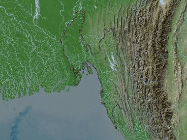 Chittagong, Bangladeş Bölümü. Yükseklik haritası göller ve nehirlerle wiki stilinde renklendirilmiştir