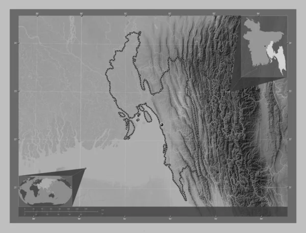 Chittagong Divisie Van Bangladesh Grayscale Hoogte Kaart Met Meren Rivieren — Stockfoto