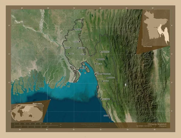 吉大港 孟加拉国分部 低分辨率卫星地图 该区域主要城市的地点和名称 角辅助位置图 — 图库照片