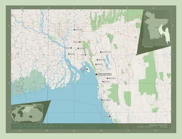 吉大港 孟加拉国分部 开放街道地图 该区域主要城市的地点和名称 角辅助位置图 — 图库照片