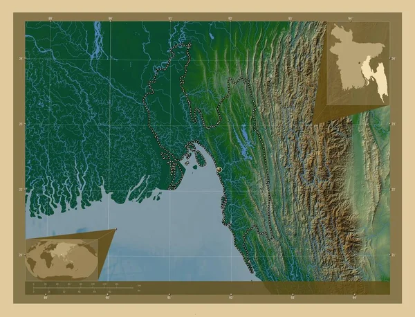 Читтагонг Подразделение Бангладеш Цветная Карта Высоты Озерами Реками Вспомогательные Карты — стоковое фото