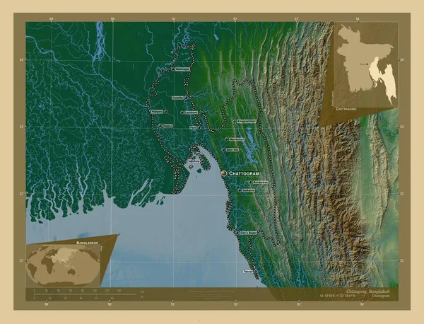 チッタゴンバングラデシュ師団 湖や川と色の標高マップ 地域の主要都市の位置と名前 コーナー補助位置図 — ストック写真
