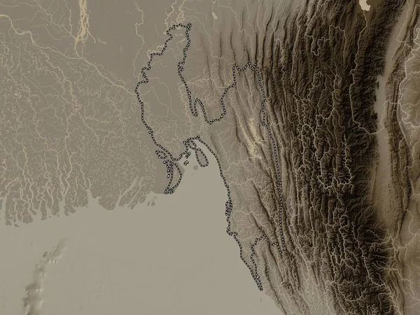Chittagong, division of Bangladesh. Elevation map colored in sepia tones with lakes and rivers