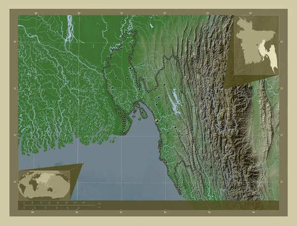 Chittagong Divisie Van Bangladesh Hoogtekaart Gekleurd Wiki Stijl Met Meren — Stockfoto