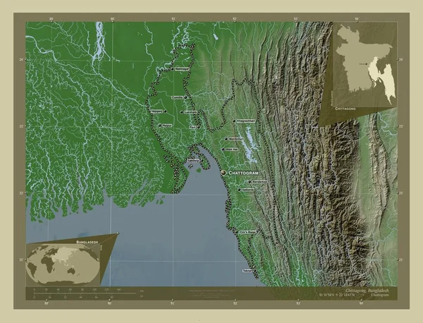 Chittagong, division of Bangladesh. Elevation map colored in wiki style with lakes and rivers. Locations and names of major cities of the region. Corner auxiliary location maps