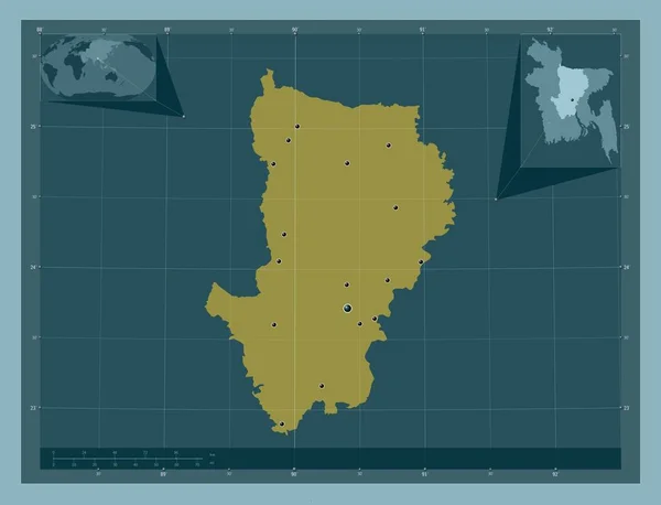 孟加拉国分部 固体的颜色形状 该区域主要城市的所在地点 角辅助位置图 — 图库照片