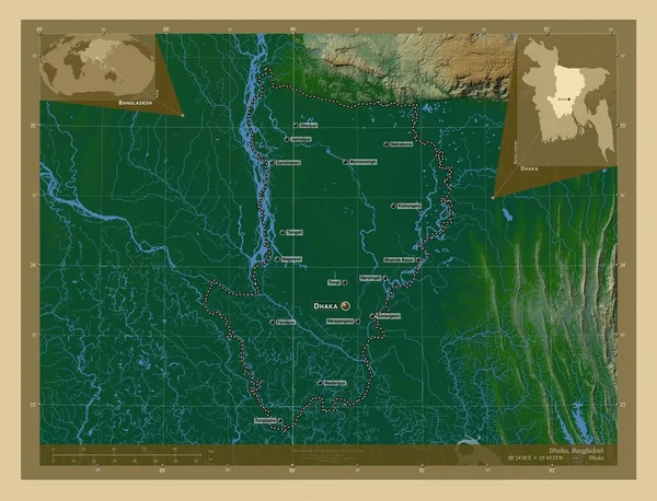 孟加拉国分部 有湖泊和河流的彩色高程图 该区域主要城市的地点和名称 角辅助位置图 — 图库照片