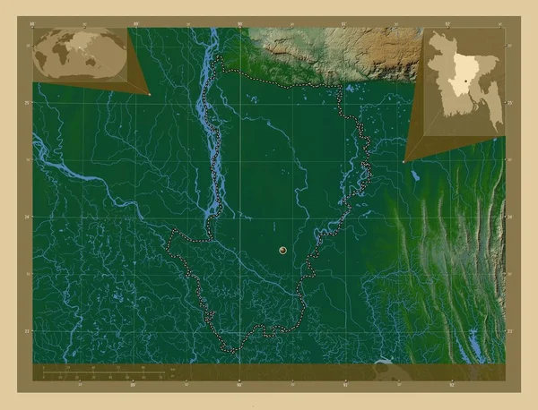 Дакка Подразделение Бангладеш Цветная Карта Высоты Озерами Реками Вспомогательные Карты — стоковое фото