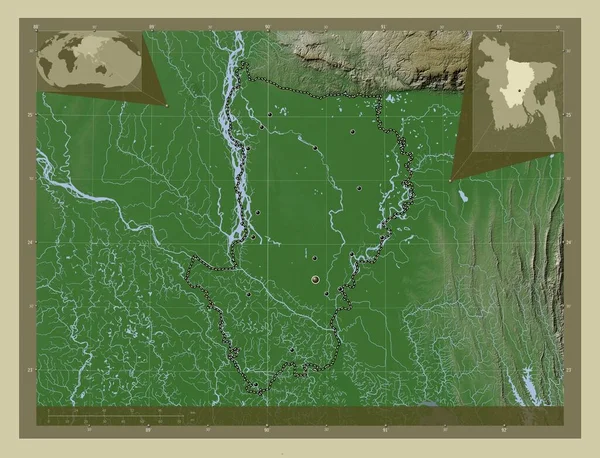Dhaka Divize Bangladéše Zdvihová Mapa Zbarvená Stylu Wiki Jezery Řekami — Stock fotografie