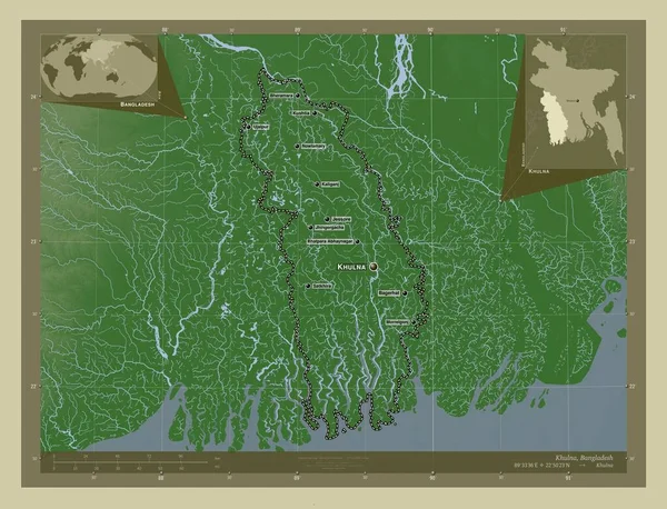 Khulna, division of Bangladesh. Elevation map colored in wiki style with lakes and rivers. Locations and names of major cities of the region. Corner auxiliary location maps
