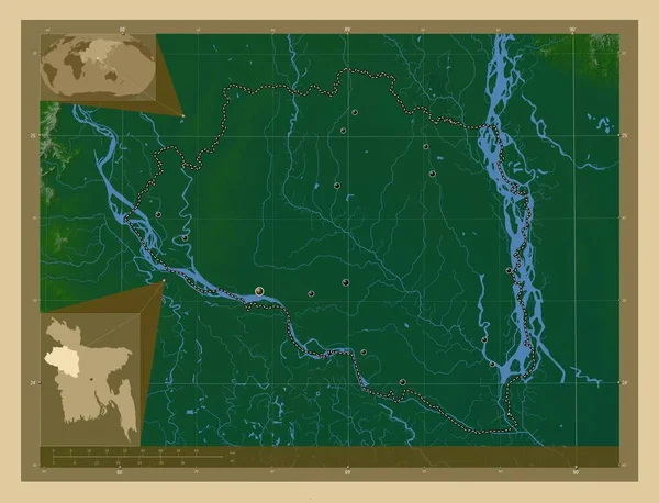 Rajshahi División Bangladesh Mapa Elevación Colores Con Lagos Ríos Ubicaciones —  Fotos de Stock