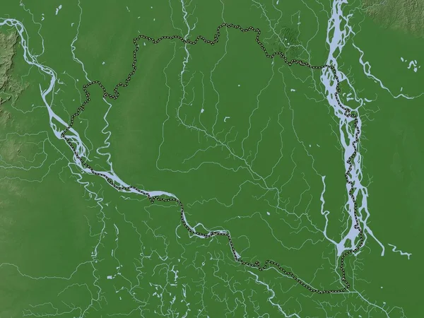 Rajshahi, division of Bangladesh. Elevation map colored in wiki style with lakes and rivers