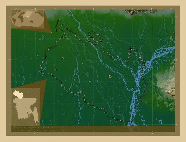 Ρανγκπούρ Τμήμα Μπαγκλαντές Χρωματιστός Υψομετρικός Χάρτης Λίμνες Και Ποτάμια Τοποθεσίες — Φωτογραφία Αρχείου
