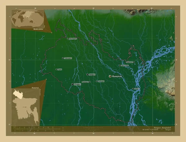 Rangpur Division Bangladesh Carte Altitude Colorée Avec Lacs Rivières Emplacements — Photo