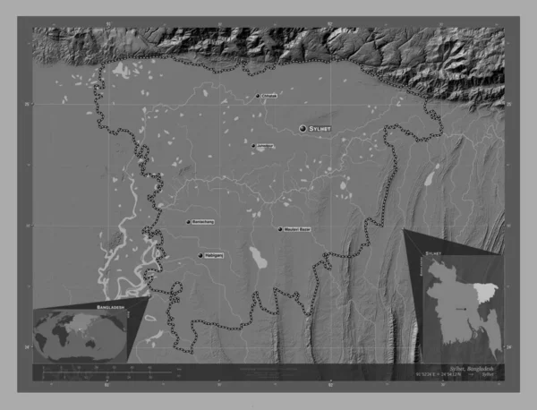 Sylhet División Bangladesh Mapa Elevación Bilevel Con Lagos Ríos Ubicaciones —  Fotos de Stock