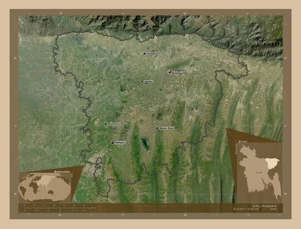 Sylhet 孟加拉国分部 低分辨率卫星地图 该区域主要城市的地点和名称 角辅助位置图 — 图库照片