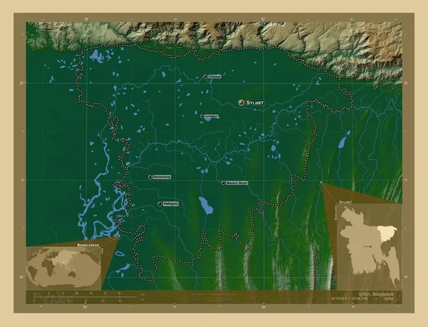 Sylhet Divize Bangladéše Barevná Mapa Jezery Řekami Umístění Názvy Velkých — Stock fotografie