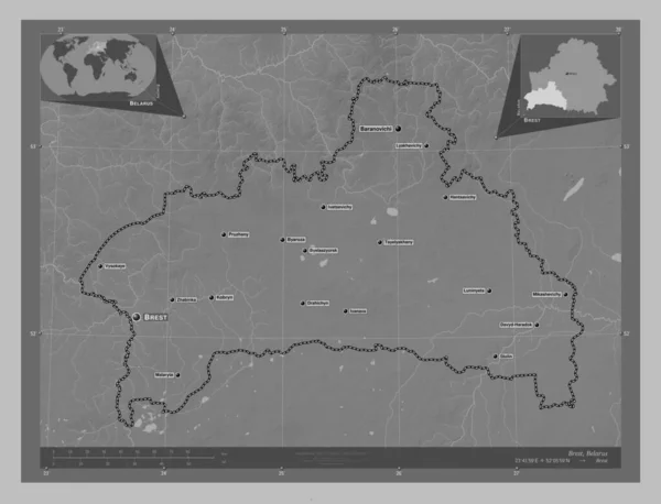 Brześć Obwód Białoruś Mapa Wzniesień Skali Szarości Jeziorami Rzekami Lokalizacje — Zdjęcie stockowe