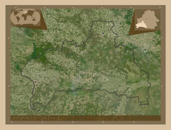 ベラルーシ共和国の領域 低解像度衛星地図 地域の主要都市の場所 コーナー補助位置図 — ストック写真