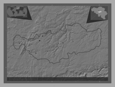 Brabant Wallon, Belçika vilayeti. Göllü ve nehirli çift katlı yükseklik haritası. Bölgenin büyük şehirlerinin yerleri. Köşedeki yedek konum haritaları