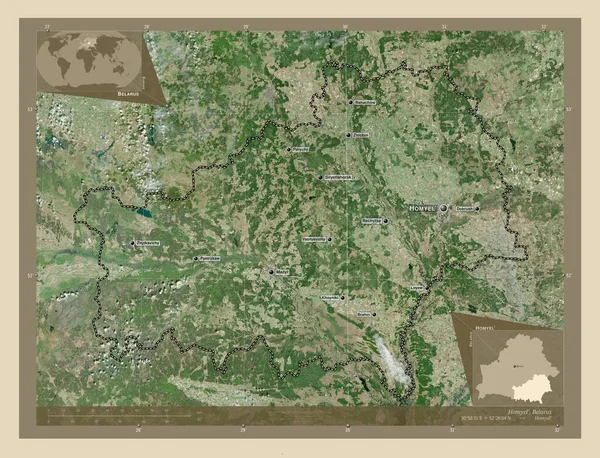 Homyel 白俄罗斯地区 高分辨率卫星地图 该区域主要城市的地点和名称 角辅助位置图 — 图库照片