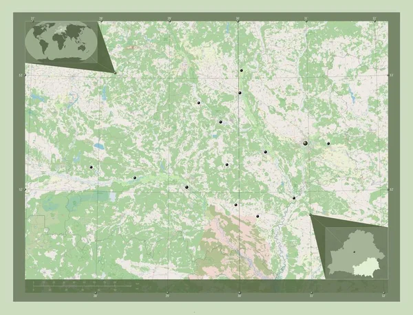 ホミエル ベラルーシの地域 ストリートマップを開く 地域の主要都市の場所 コーナー補助位置図 — ストック写真