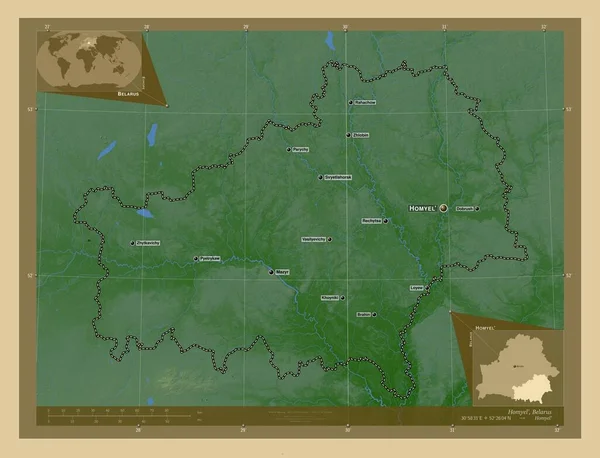 Homyel Περιφέρεια Λευκορωσίας Χρωματιστός Υψομετρικός Χάρτης Λίμνες Και Ποτάμια Τοποθεσίες — Φωτογραφία Αρχείου