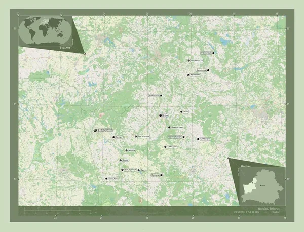 ベラルーシの領域 フロドナ ストリートマップを開く 地域の主要都市の位置と名前 コーナー補助位置図 — ストック写真