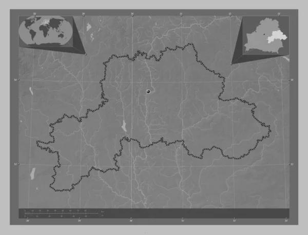 Махільов Регіон Білорусі Граймасштабна Мапа Висот Озерами Річками Кутові Допоміжні — стокове фото