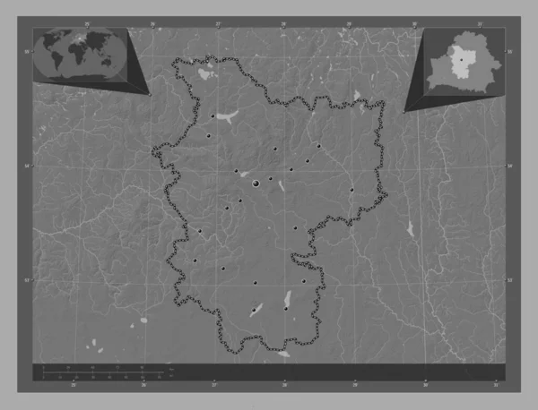 Minsk Región Belarús Mapa Elevación Bilevel Con Lagos Ríos Ubicaciones — Foto de Stock