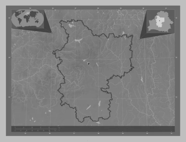 明斯克 白俄罗斯地区 带有湖泊和河流的灰度高程图 角辅助位置图 — 图库照片