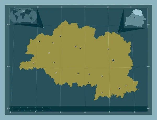 白俄罗斯Vitsyebsk地区 固体的颜色形状 该区域主要城市的所在地点 角辅助位置图 — 图库照片