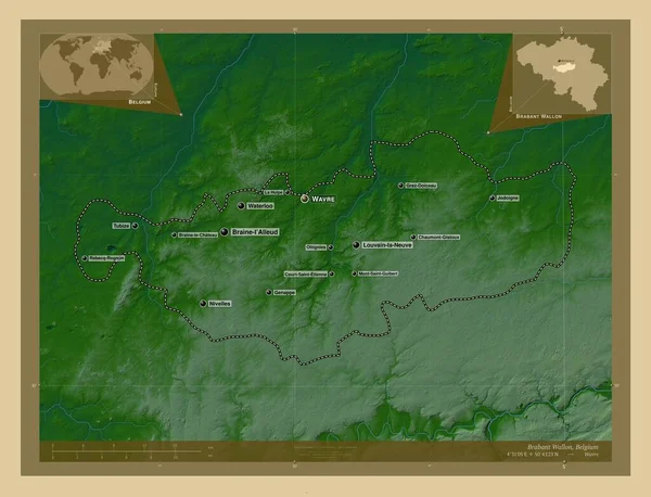 ベルギーの州 ブラバント ワロン 湖や川と色の標高マップ 地域の主要都市の位置と名前 コーナー補助位置図 — ストック写真