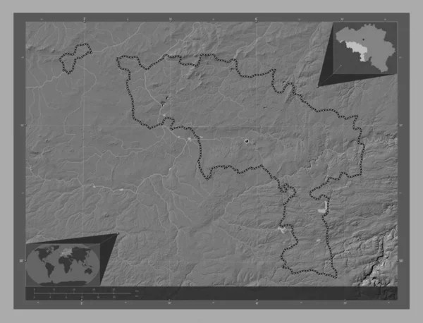 ベルギーのヘナウト州 湖や川と二階の標高マップ コーナー補助位置図 — ストック写真