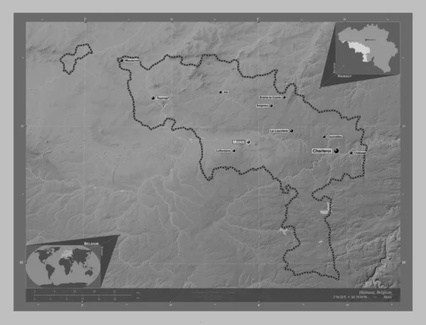 Hainaut Provinsen Belgien Grayscale Höjdkarta Med Sjöar Och Floder Platser — Stockfoto