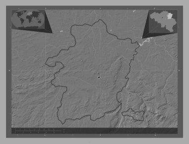 Limburg, Belçika vilayeti. Göllü ve nehirli çift katlı yükseklik haritası. Köşedeki yedek konum haritaları