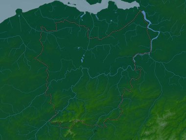 Oost-Vlaanderen, Belçika vilayeti. Gölleri ve nehirleri olan renkli yükseklik haritası