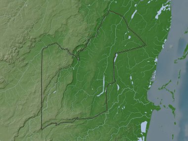 Orange Walk, Belize bölgesi. Yükseklik haritası göller ve nehirlerle wiki stilinde renklendirilmiştir