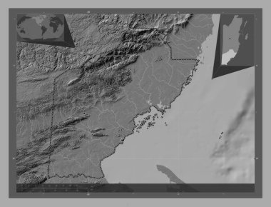 Toledo, Belize bölgesi. Göllü ve nehirli çift katlı yükseklik haritası. Bölgenin büyük şehirlerinin yerleri. Köşedeki yedek konum haritaları