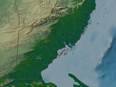 Toledo, Belize bölgesi. Gölleri ve nehirleri olan renkli yükseklik haritası