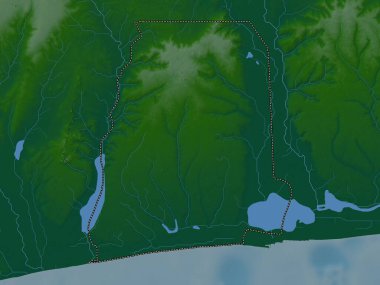 Atlantique, Benin Departmanı. Gölleri ve nehirleri olan renkli yükseklik haritası