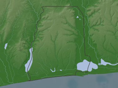 Atlantique, Benin Departmanı. Yükseklik haritası göller ve nehirlerle wiki stilinde renklendirilmiştir