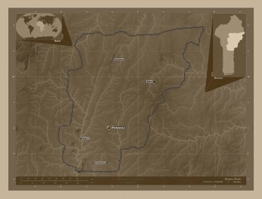 Borgou, Benin Bölümü. Yükseklik haritası sepya tonlarında göller ve nehirlerle renklendirilmiş. Bölgenin büyük şehirlerinin yerleri ve isimleri. Köşedeki yedek konum haritaları