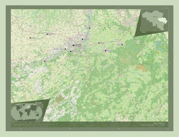 ベルギーの州 リエージュ ストリートマップを開く 地域の主要都市の位置と名前 コーナー補助位置図 — ストック写真
