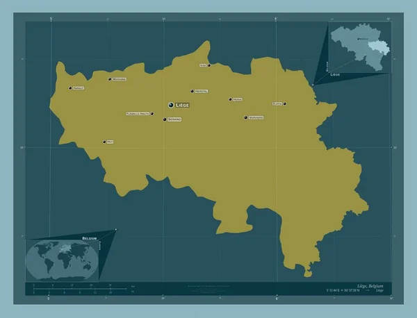 比利时省 Liege 固体的颜色形状 该区域主要城市的地点和名称 角辅助位置图 — 图库照片