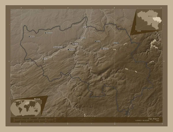 Luik Provincie Van België Hoogtekaart Gekleurd Sepia Tinten Met Meren — Stockfoto