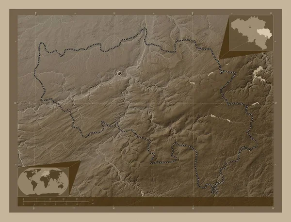 Liege, province of Belgium. Elevation map colored in sepia tones with lakes and rivers. Corner auxiliary location maps