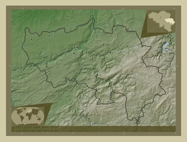 比利时省 Liege 用Wiki风格绘制的带有湖泊和河流的高程地图 该区域主要城市的所在地点 角辅助位置图 — 图库照片