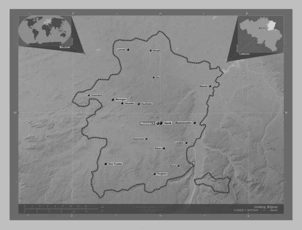 比利时林堡省 带有湖泊和河流的灰度高程图 该区域主要城市的地点和名称 角辅助位置图 — 图库照片