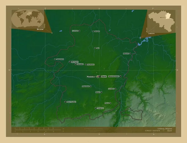 ベルギーのリンブルフ州 湖や川と色の標高マップ 地域の主要都市の位置と名前 コーナー補助位置図 — ストック写真